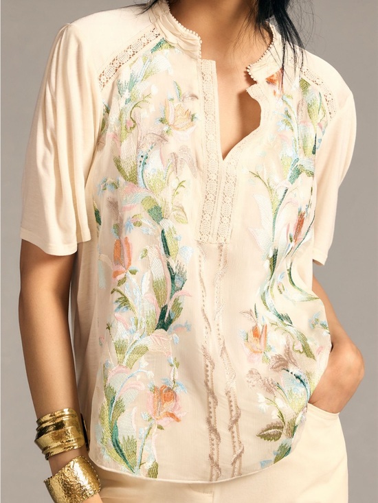 Anthropologie Tops - Anthropologie TINY XL cream pastel sheer embroidered dainty floral blouse top